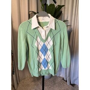 Van Heusen Womens Mint Green Argyle Layered Look Sweater 3/4 Sleeve Medium